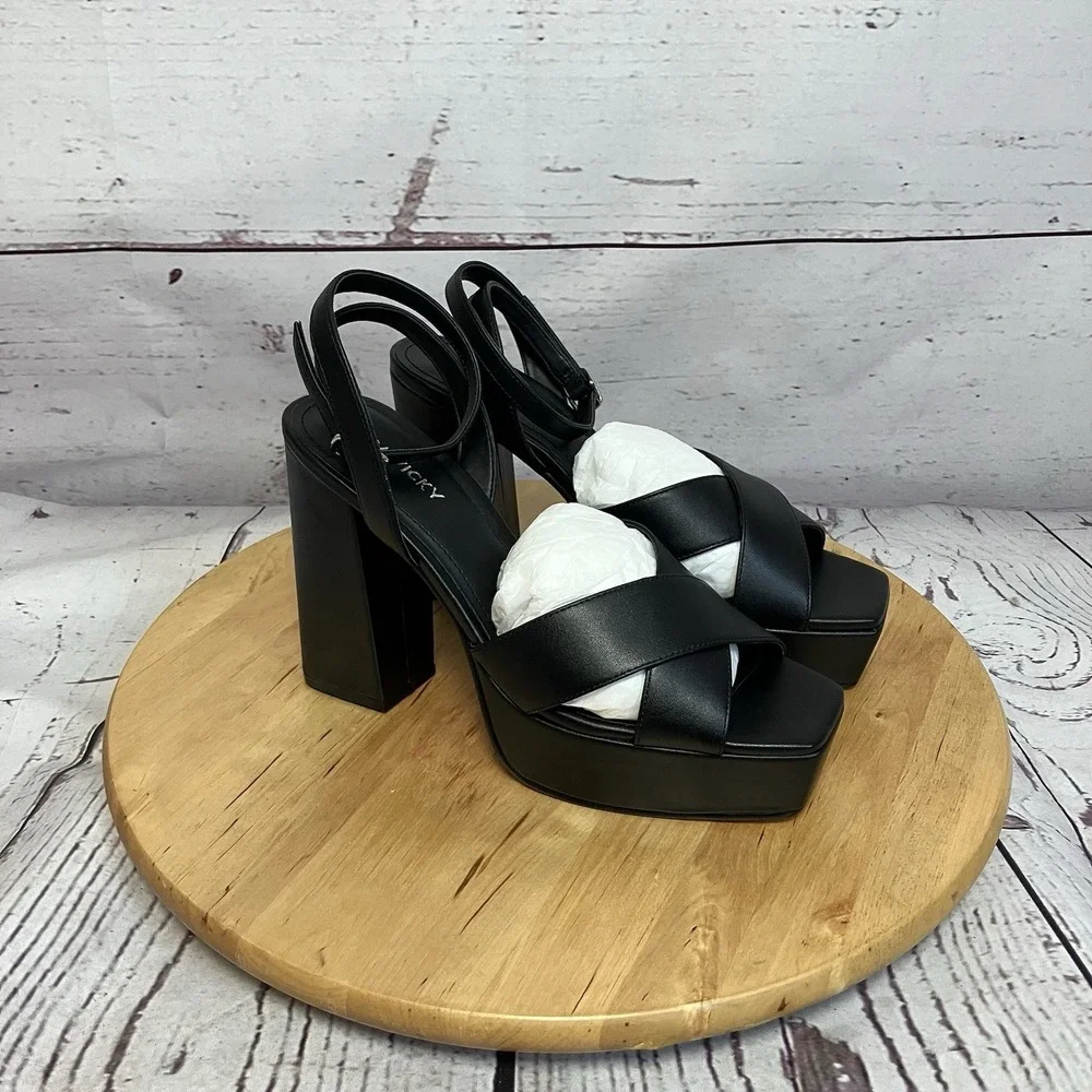 Lisa Vicky Shoes Jazz Black Leather Womens Size 8M‎ Block Heel Open Toe